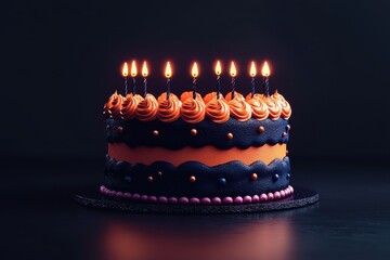 Wall Mural - A black and orange birthday cake with lit candles on it