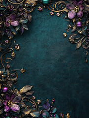 Wall Mural - Ornate christmas card border background with balls and fir branches and ornaments. Teal and purple colors