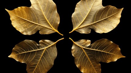 Wall Mural - Four golden leaves arranged symmetrically on a black background, showcasing their intricate details and textures.