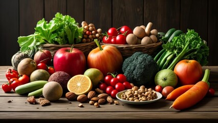 Wall Mural -  Fresh produce on rustic wooden table