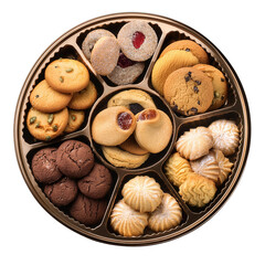 Delicious assortment of cookies in an elegant round tin isolated on a white background, transparent background.