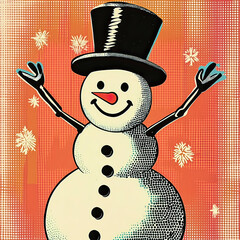 Pop art style snowman Christmas winter illustration, bright vintage colors. Retro