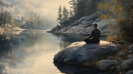 A man in a meditative pose, sitting cross-legged on a large rock by a calm river, reflecting the surrounding nature