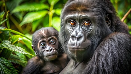 Adorable baby gorilla clings to mother's furry chest, peering curiously with large brown eyes, surrounded by lush green