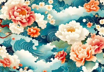 Sticker - Seamless Pattern with Oriental Flowers and Clouds