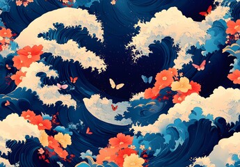 Poster - Japanese Wave with Butterflies and Flowers