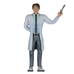 Healthcare Male Doctor. A male doctor stands with his left hand raised upwards carrying a syringe while his right hand is behind. 3D Professional Character