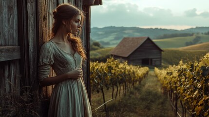 A rustic Croatian beauty in a simple dress, standing by a wooden barn with rolling hills and vineyards in the background