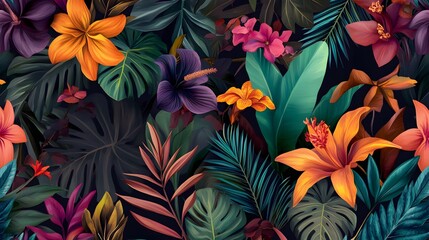 Wall Mural - Tropical Jungle Pattern with Colorful Flowers and Lush Green Leaves