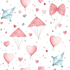 Wall Mural - Watercolor Hearts, Kites and Balloons Seamless Pattern