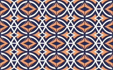 Geometric tile pattern. Seamless background with a repeating pattern of geometric shapes in blue, white, and orange hues. Ideal for modern designs and decorative projects.