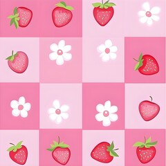 Canvas Print - Pink and White Strawberry and Flower Pattern