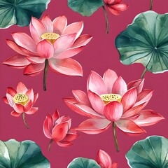 Sticker - Watercolor Pink Lotus Flowers and Green Leaves