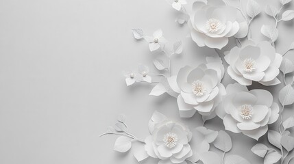 Canvas Print - Spring paper flowers in white with blooming leaves, arranged in an artistic composition against a light grey background