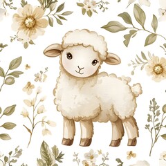 Wall Mural - Cute Watercolor Lamb with Floral Illustration