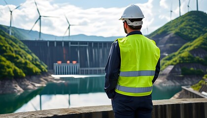 Engineer inspecting hydroelectric dam with wind turbines in the background amidst a scenic landscape