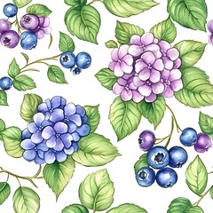 Wall Mural - Watercolor Seamless Pattern with Blueberries and Hydrangea Flowers