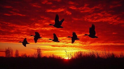 39. The silhouettes of ducks flying during a stunning sunset, the sky painted in rich shades of orange and red, capturing a serene moment in nature