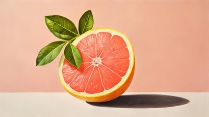 Canvas Print -  Freshly sliced grapefruit with vibrant color and leafy stem