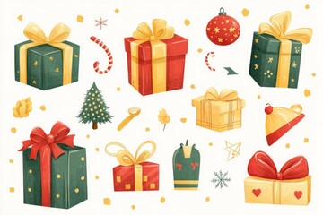 Wall Mural - A collection of christmas presents including a vector illustration of a christmas gift box.