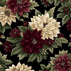 Wall Mural - Christmas Floral Pattern - Burgundy and Cream