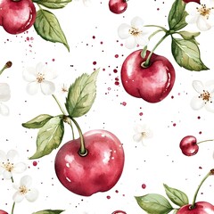 Sticker - Watercolor Cherry Seamless Pattern with Flowers