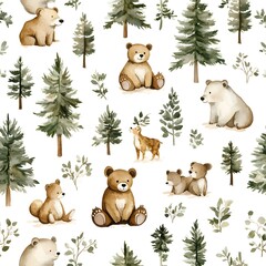 Wall Mural - Cute Watercolor Woodland Animals Seamless Pattern with Bears and Trees