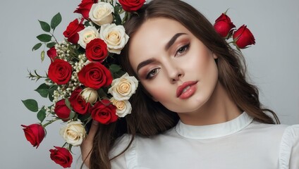 A woman with long brown hair and a flower crown made of red and white roses