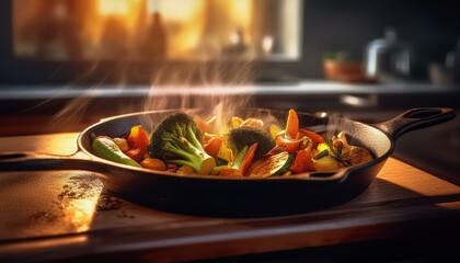 A steaming hot stir-fry dish sits invitingly in a cozy, rustic kitchen.