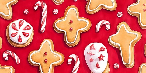 Wall Mural - Gingerbread Cookies and Candy Canes on Red Background