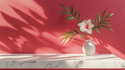 Poster - Table top white marble counter copy space cement wall with shadow sunlight from flower vas