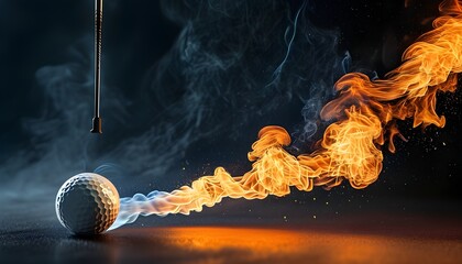 Wall Mural - Spectacular flaming golf ball soaring through darkness, leaving a mesmerizing trail of fire and smoke