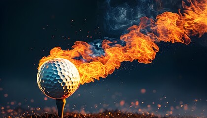 Wall Mural - Spectacular flaming golf ball soaring through darkness, leaving a mesmerizing trail of fire and smoke