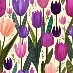 Wall Mural - Watercolor Tulips Seamless Pattern