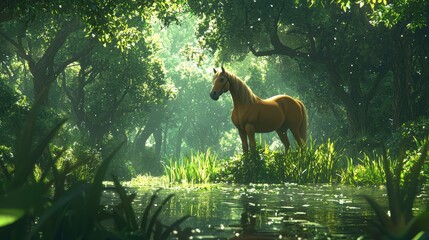 Poster - Horse Standing in a Lush Green Forest With a Stream