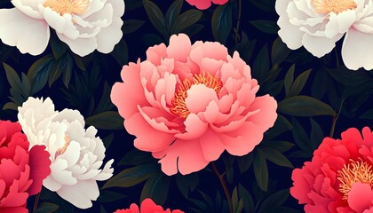 Wall Mural - Pink and White Peonies on a Black Background