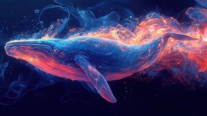 Morphism style blue whale, abstractly rendered with fluid shapes, blending into vibrant underwater hues.