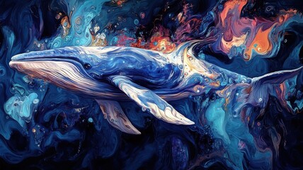 Morphism style blue whale, abstractly rendered with fluid shapes, blending into vibrant underwater hues.