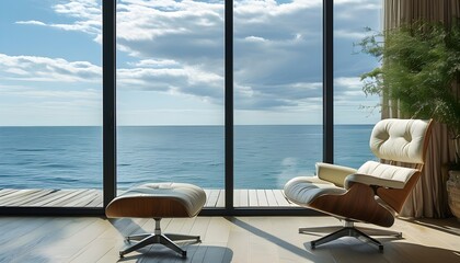 Wall Mural - Contemporary lounge chair positioned by a spacious window offering breathtaking views of the ocean