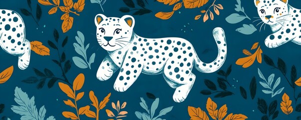 Canvas Print - Cute Cartoon Leopard with Blue and Orange Leaves on Teal Background