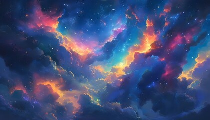 Wall Mural - Vibrant nebula swirling with bright colors and dynamic cloud formations beneath a star-studded sky