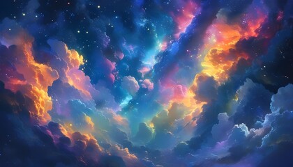 Wall Mural - Vibrant nebula swirling with bright colors and dynamic cloud formations beneath a star-studded sky