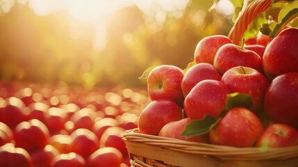 Wall Mural - Fresh Red Apples in Basket  Autumn Harvest  Orchard  Sunlight