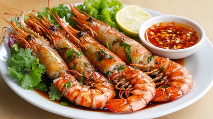 109. Grilled giant river prawns served with a spicy sweet and sour sauce, enjoyed by Thai people, reflecting the social and culinary delight of this popular Thai dish