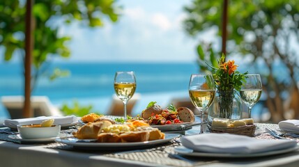 121. An elegantly set oceanfront restaurant table with a stunning view of the pool and ocean, featuring a spread of food and drinks, including fresh bread and butter, capturing a serene dining