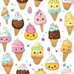 Wall Mural - Cute Ice Cream Cones Seamless Pattern