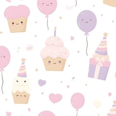 Wall Mural - Cute Seamless Pattern with Cupcakes, Balloons and Hearts for Birthday Party