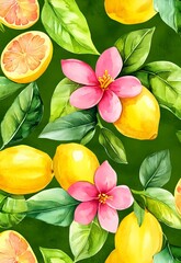 Wall Mural - Watercolor Lemon and Pink Flower Seamless Pattern