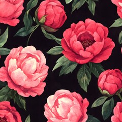 Wall Mural - Watercolor Pink Peony Flowers Seamless Pattern