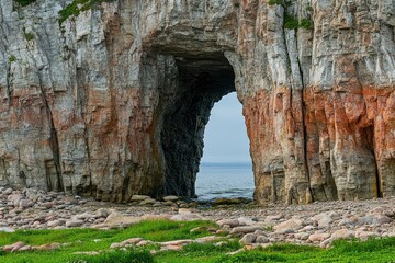 Wall Mural - Close view of the window, or natural arch, in perce rock.- ile bonaventure et du rocher-perce national park, perce, gaspe peninsula, quebec, canada, ai